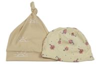 2x - Žebrovaná čepice - Béžová se sluníčky, smetanová puntíkatá s kytičkami Ergee