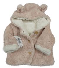 Nové - světlerůžový huňatý zateplený kabátek s kapucí s oušky Matalan