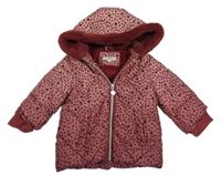 Starorůžovo-vínová puntíkatá prošívaná šusťáková zimní bunda se srdíčky a kapucí s kožešinou S. Oliver