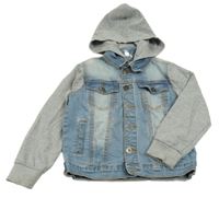 Světlemodrá riflová bunda se šedými melírovanými teplákovými rukávy a odepínací kapucí dodipetto