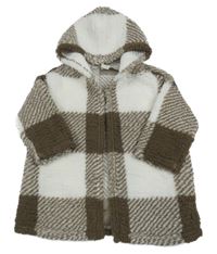 Hnědo-bílý kostkovaný huňatý cardigan s kapucí SHEIN