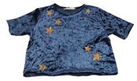 Tmavomodré lesklé sametové crop tričko se zlatými hvězdičkami H&M