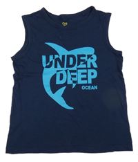 Tmavomodré tílko se žralokem a nápisy OVS