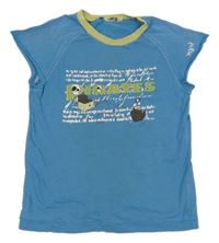 Modro-okrové melírované tričko s nápisy a pirátskou lodí a pokladem 