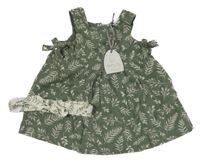 Nové - 2Set - Khaki šaty s větvičkami a mašlemi + bílá čelenka s mašlí Tu