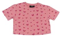 Růžové crop tričko s motýlky 