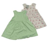 2x bavlněné šaty - zelenkavé + bílo-lila kostkované s jahodami Primark