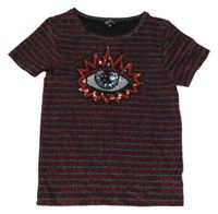 Červeno-modré pruhované třpytivé tričko s okem z flitrů