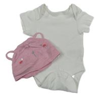 2set - Smetanové body + růžová melírovaná bavlněná čepice s čumákem