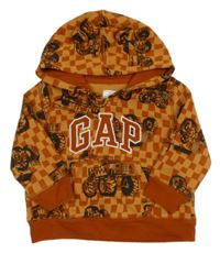 Hnědá kostkovaná mikina s monster trucky a kapucí GAP