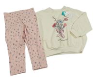 Nové - 2set - Smetanová oversize mikina s květinami s flitry + růžové květované legíny Matalan