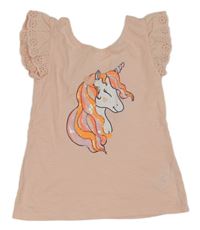 Růžové tričko s jednorožcem s flitry a volánky s madeirou C&A