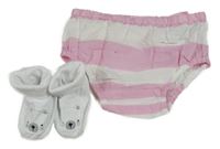 2set - Růžovo-bílé pruhoané kalhotky na plenku s mašlí + bílé textilní capáčky s medvědem