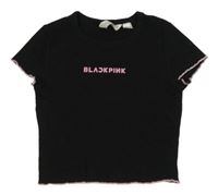 Černé žebrované hudební crop tričko s nápisem - Black Pink H&M