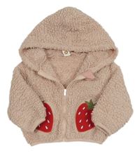 Světlerůžová propínací huňatá mikina s jahodami a kapucí 