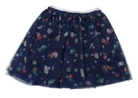 Tmavomodrá tylová sukně s vánočními obrázky Tu