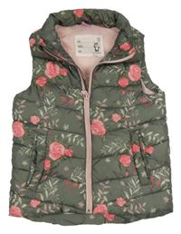 Khaki květovaná šusťáková zateplená vesta Dopodopo