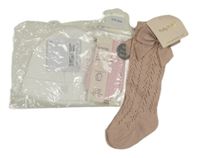 Nové - 3 set - světlerůžové perforované podkolenky + bílá čepice + světlerůžové rukavice 