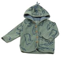 Khaki fleecová propínací mikina s dinosaury a kapucí George