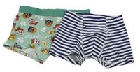 2x boxerky - bílo-tmavomodré pruhované + zelené s tlapkovou patrolou H&M