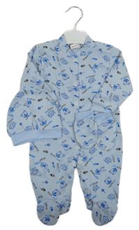 Nové - 3 set - modrý overal se zvířaty + čepice + rukavice 