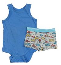 2 set - modré body + šedé boxerky s bagry 