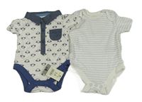 2set - 2x body - světlemodro-bílé pruhované + bílo-tmavomodré s opičkami 
