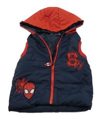 Tmavomodro-červená šusťáková zateplená vesta se Spidermanem a kapucí Marvel