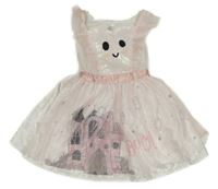 Kostým - Bílé sametovo-tylové třpytivé slavnostní šaty s obličejem - duch