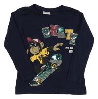 Tmavomodré triko s opicí a nápisy 