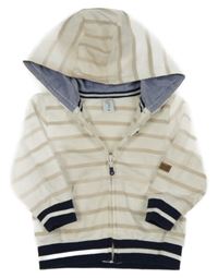 Bílo-béžovo-tmavomodrá pruhovaná propínací mikina s kapucí Topomini