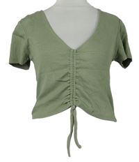 Dámské khaki žebrované crop tričko se stahováním Zara 