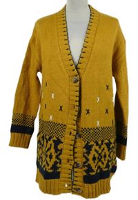 Dámský okrovo-tmavomodrý vzorovaný propínací dlouhý svetr Falmer 