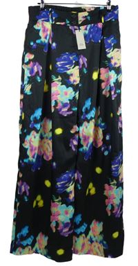 Nové - Dámské černo-barevné květované palazzo kalhoty s rozparky River Island 