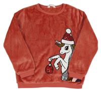Červená chlupatá mikina s jednorožcem z fitrů H&M