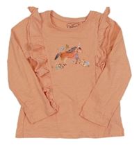 Růžové triko s jednorožcem a volánky Next 