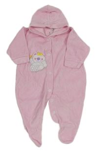 Světlerůžový sametový overal s medvědem a kapucí 