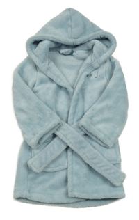 Světlemodrý chlupatý župan s nápisem a kapucí