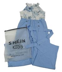 Nové - Bílo-modrý kalhotový overal s kytičkami Shein