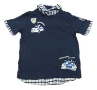 Tmavomodré tričko s potiskem a košilovým límcem Topolino