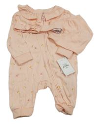 Nové - 3Set - Broskvový overal s kytičkami a límečkem + čelenka s mašlí + šátek/slinták PRIMARK