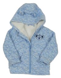 Světlemodro-bílá žíhaná fleecová propínací zateplená mikina s koalou a kapucí 