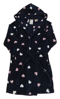 Tmavomodrý chlupatý župan se srdíčky a kapucí H&M