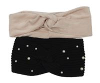 2set - Světlerůžová sametová čelenka + černá pletená čelenka s perličkami 