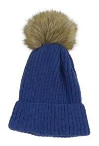 Modrá pletená žebrovaná čepice s bambulí 