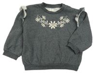 Tmavošedá oversize mikina s kytičkami a volánky H&M