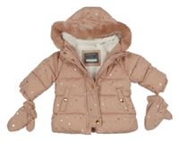 2set - Světlerůžová šusťáková prošívaná zimní bunda s hvězdičkami a kapucí + rukavice Primark