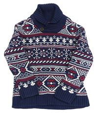 Tmavomodro-bílo-červený vzorovaný svetr s vločkami H&M