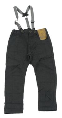 Nové - tmavošedé kostkované melírované chino slim fit kalhoty s kšandami F&F