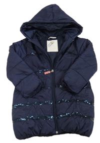 Tmavomodrý prošívaný šusťákový zimní kabát s flitry a kapucí Billieblush